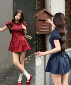 Đầm kiểu nữ TIFFANY thô mềm cổ sen phối tay bồng dáng ngắn