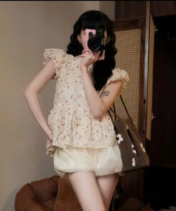 Áo babydoll ROSE top thô boil tay bồng phối dây buộc nơ cách điệu cổ