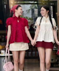 Áo babydoll cổ tàu " CẨM " gấm in vân hoa phối dây buộc hai bên tay