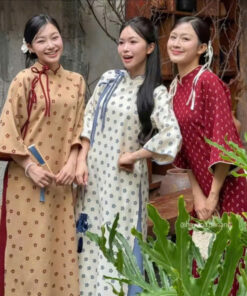 Áo dài nhung chéo DIÊN Ý in hoạ tiết hoa phối nơ buộc kèm quần nhung phối màu