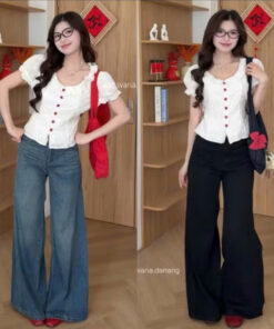 Quần jeans basic ống rộng basic viền chỉ nổi